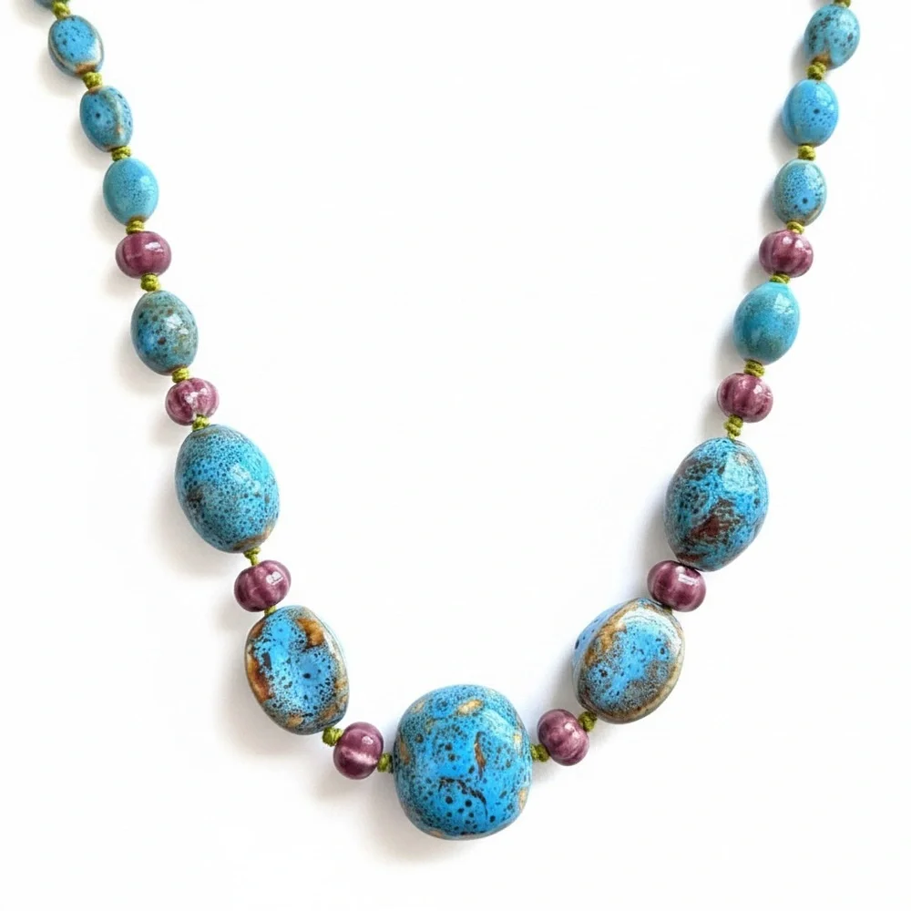 Vintage Artisan Ceramic Bead Statement Necklace Turquoise Speckled 26” Inch - Picture 2 of 15